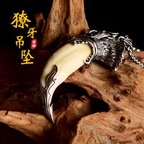 Large personality true black dog tooth pendant necklace carries gold-plated Thai Silver wolf head mace-shaped mens inlaid jewelry