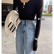  Lan Xin womens wear womens trousers 2021 new letter wide-leg jeans western style all-match thin and simple