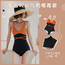 Vintage fashion color triangle one-piece swimsuit womens conservative slim slim belly culottes hot spring vacation swimsuit