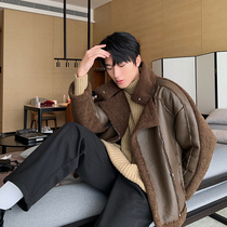 Hualun fur integrated mens coat winter plus plush thick warm lamb cotton suit handsome pilot leather coat