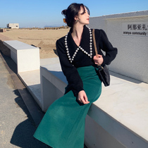 SYT Shield leg type blemish retro high waist straight tube hip skirt women winter base a Medium-length dress