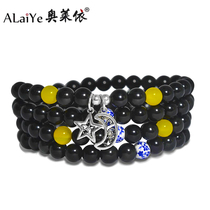 Natural Color Eyed Black Dazzling Multi-circle Bracelet Womens Four Circles Pure Silver Stars Moon Pendant Handstring Male Couples First Ornament