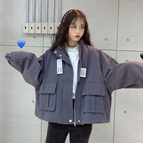 Autumn and winter new solid color tooling short jacket female students Korean loose Joker academic style BF stand neck long sleeve jacket