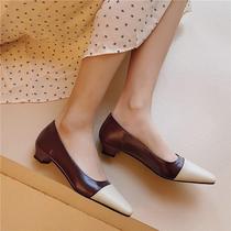 In the spring of 2020 the new leather color single shoes for women with low heels and shallow mouth cover feet contrast dark brown fashion trend