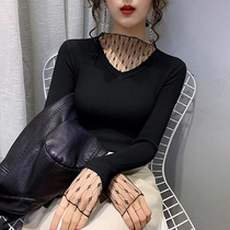Lace splicing half-high collar foreign air pure color sweater lady sashimi mesh-knitted sweatshirt inner lap elastic undershirt woman