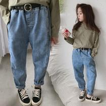 Girls  jeans spring and Autumn clothes big childrens Korean version 6 ten-year-old girls 8 loose dad pants childrens Harem pants 12 tide