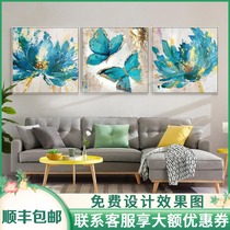 Butterfly flower oil painting living room decoration sofa background Triple simple modern Nordic light luxury gold leaf hand painted wall hanging