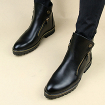 Black Martin boots mens high-top Korean version of pointed mens mid-top leather boots winter plus velvet tooling boots mid-tube trend