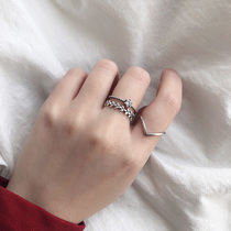 Double-layer personality leaf ring simple two-piece set of sterling silver Korean version of ring girl retro ring Thai silver hypoallergenic