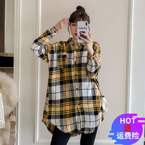 Pregnant Woman Autumn Dress Jacket Fashion style Han version Turned Collar Plaid Shirt Woman Long Sleeve Shirt Loose Pregnancy Woman Dress Spring Autumn