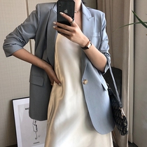 Sunscreen small suit womens thin 2021 summer new blue slim-fitting thin temperament three-point sleeve breathable suit jacket