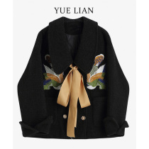 (Hong Kong designer brand) original design embroidered black coat small fragrant wind thick woolen coat women autumn and winter