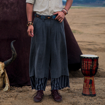 SOARIN Inlenty wind retro cotton linen 90% Pants Male ruffled Handsome Splicing Striped Linen Straight Barrel Loose Broadlegged Pants