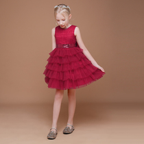 (Clearance second kill) childrens dress girls short flower childrens clothing wine red autumn and winter cake puffy gauze princess dress