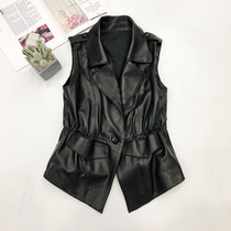 European station leather vest womens short handsome tide slim body slim Korean autumn and winter leather sheep leather crock shoulder Black