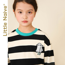 LittleNaive co-branded girls striped sweater long sleeve spring and autumn dress childrens round neck casual pullover top