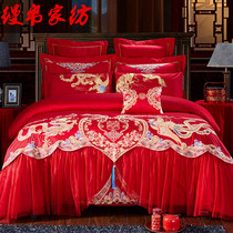 Wedding 100 four-piece set of red tribute satin bedding cotton wedding kit cotton embroidery new wedding bedding