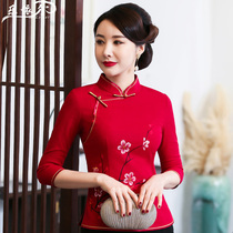 Modified hand-painted cotton and hemp cheongsam Tang suit Chinese short linen top Vintage mothers wedding dress large size