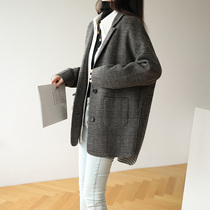 2021 autumn and winter New hairy plaid suit double-sided woolen coat female small man long Korean version of woolen coat