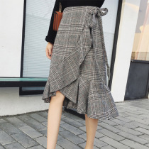 Plaid Skirt Women 2021 Autumn Winter New Irregular Tone Hairtail Skirt Long Lace Arm A- line dress