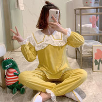 Cotton Pyjamas Woman Spring Autumn New Girls Long Sleeves Two Suits Sweet And Beautiful Students Princess Lace Side Net Red Home Clothing
