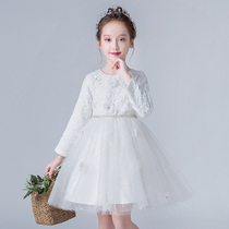 Autumn and Winter 2019 New temperament long sleeve girl puffy gauze princess dress flower girl white dress childrens costume