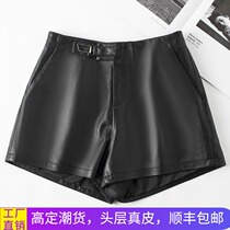 Haining leather pants womens autumn and winter 2021 new black high waist commuter sheep leather wide leg shorts Europe station