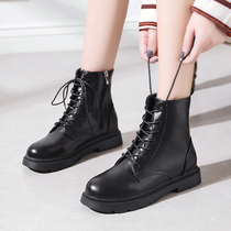 Black Martin Boots Female 2021 Autumn Winter Plus Velvet English Wind Joker Thick-soled Motorcycle Boots Side Zipper Lace Short Boots
