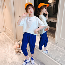 Korean girl set summer monster five-quarter sleeve T-shirt 2021 new style big kids fashion leggings two-piece set