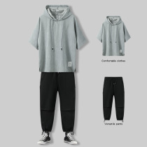 Even hat short sleeve ice sensation t-shirt mans Chains Tide Cards Loose Fashion ruffling handsome men outfit a set of clothes summer suits