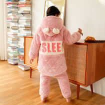 Girls Coral Velvet Three-Layer Cotton Pajamas Autumn and Winter Thickened Children Flannel Home Clothes Set Girls Long