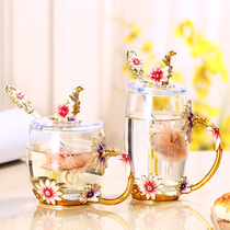 Enamel Cup with lid spoon set glass cup household women flower tea crystal coffee cup with wedding set Tea