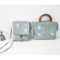 Original Chinese style ancient style Hanfu Mori literary embroidery canvas hand-held crossbody shoulder bag cloth bag women