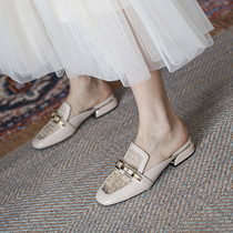 Half Slippers Woman Summer Wear 2022 New middle heel Heel Square Head Mesh Yarn Lazy shoes Baotou sandslippers Single shoe