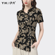 Summer short sleeve shirt design feeling irregular blouses with slim fit and large code lining printed small shirt temperament new