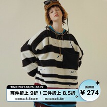  UNVESNO autumn and winter new retro stripes and holes tide brand Hong Kong style couple lazy knitwear loose sweater