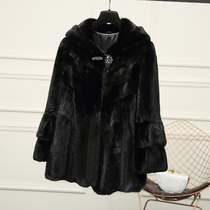 Mink leather Grand coat female whole mink with cap small ferret mink whole mink fur medium long coat ben black ZD7160