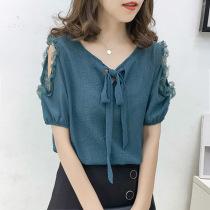Chiffon short-sleeved womens summer 2021 new womens Korean fashion lace-up Western style doll shirt temperament off-the-shoulder top women