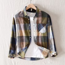 Plaid long-sleeved cotton and linen shirt Mens Chinese style Japanese linen mens autumn and winter tops Casual linen shirt