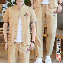 Summer New China Wind Mens Clothing Ancient Wind Hanfu Linen Short Sleeve T-Shirt V Collar Casual Retro Tango Set-shirt set