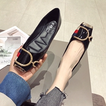 European Station womens shoes 2022 Spring new 100 hitch soft-bottom Ladle Shoes Square Buttons Shallow square head flat heel flat single shoe woman