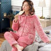 Pajamas women winter coral fleece cotton three-layer thick warm can wear large size 200kg mother plus velvet suit