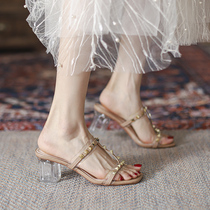 Sandshoes Women Summer 2022 New Flat Bottom Heel Coarse Heel Crystal High Heel Shoes Transparent style rivets Roman sandals