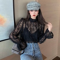 2020 autumn and winter new sexy black lace base shirt Korean version of the stand-up collar Western style slim fit inside the short top for women