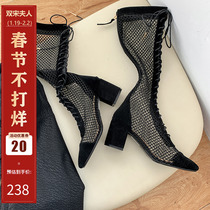 High-heeled mesh boots 2020 new summer mesh hollow boots leather sandals womens long thick-heeled strappy sandals