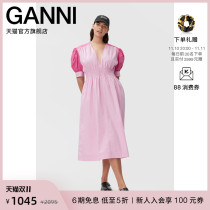 Ganni womens 2022 new pink v-neck puff sleeves long waist cotton poplin dress F7361397