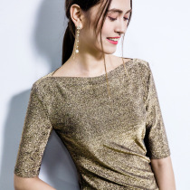 Sexy Latin dance clothing five-point sleeve top one-line shoulder exposed clavicle bright screen yarn National standard dance practice service woman