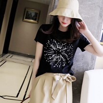 Round neck pullover short sleeve cotton T-shirt women Summer European Foreign color print loose thin outer wear bottom coat