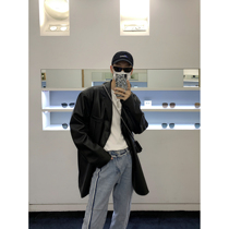 Value clearance# long black soft leather suit jacket jacket mens trend Korean version of net red fried street casual suit