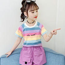 Girls summer short-sleeved T-shirt 2021 new Korean version of the foreign style childrens fashion half-sleeve in the big childrens summer top tide